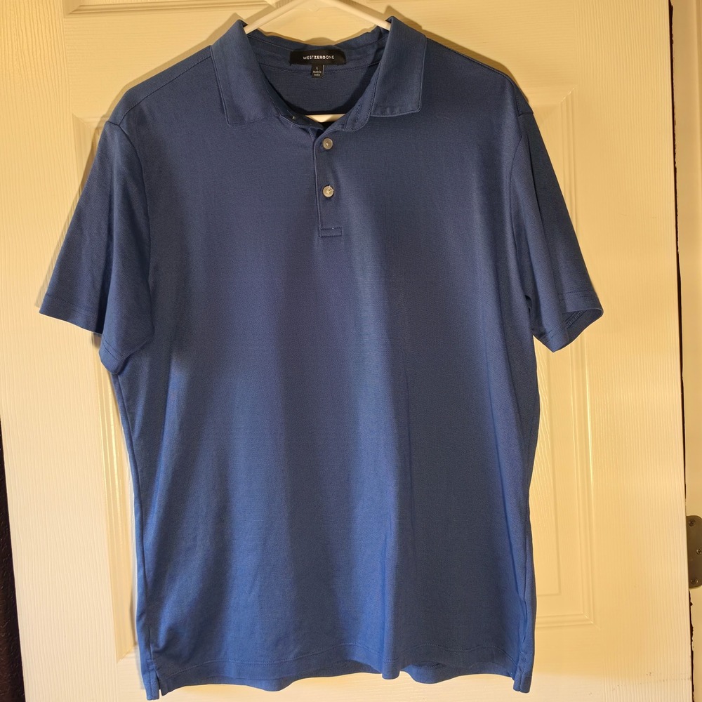 Westzeroone Mens Large Blue Short Sleeve Polo Shirt Button Collar Pique Testured